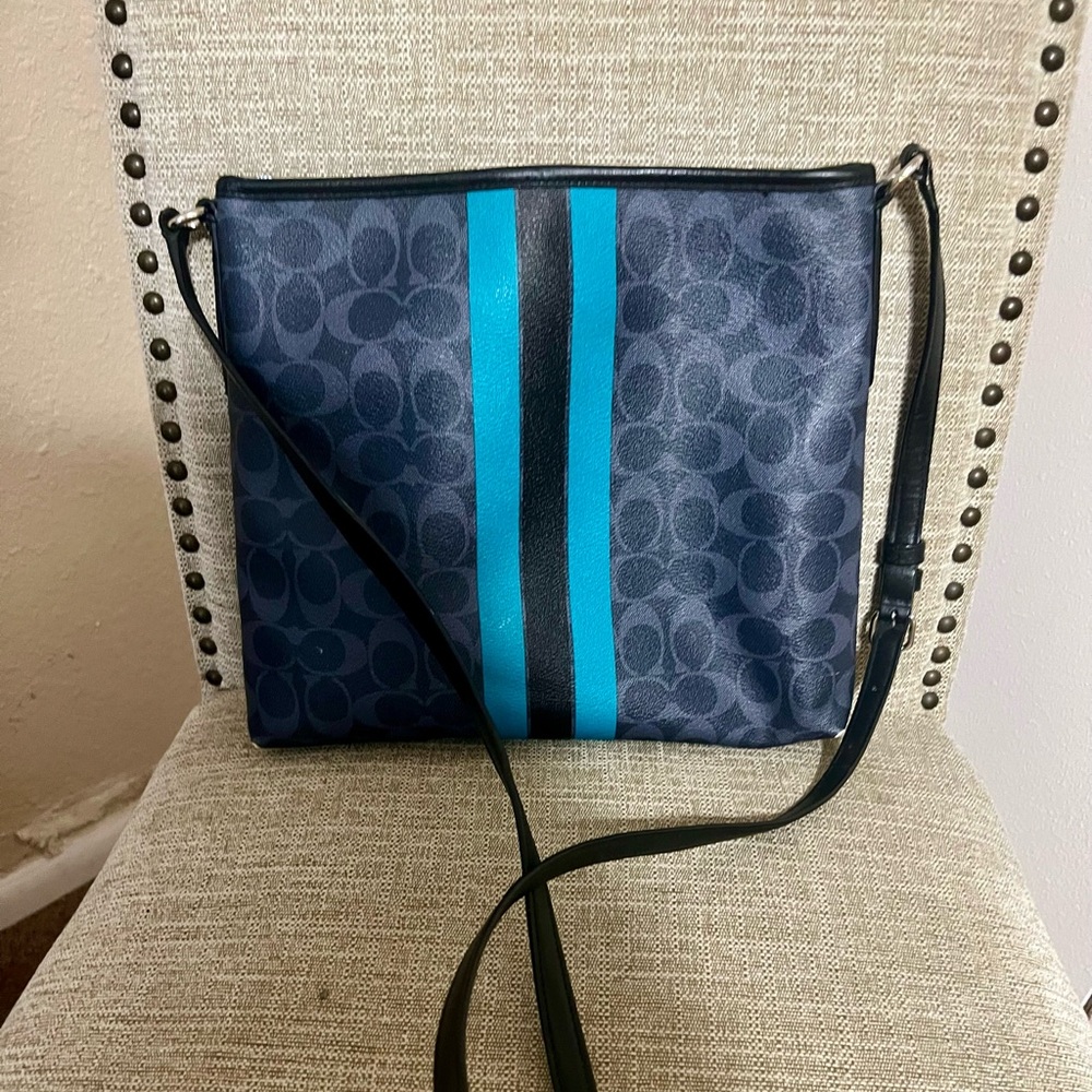Coach Signature Varsity Stripe Blue/Teal Leather Crossboy Bag Chic Minimalist - Picture 3 of 8